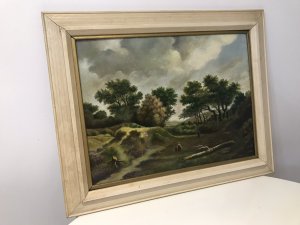 German School Vintage Hilly Landscape Oil Painting Signed By Artist H V Reugde Dated 1983 Subject: Hilly Scene, Dark Clouds With 3 Figures With Good Perspective Pleasing To The Eye Wood Frame Dimensions In Inches Height 16” Width 19.5”