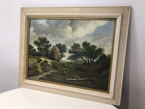 German School Vintage Hilly Landscape Oil Painting Signed By Artist H V Reugde Dated 1983 Subject: Hilly Scene, Dark Clouds With 3 Figures With Good Perspective Pleasing To The Eye Wood Frame Dimensions In Inches Height 16” Width 19.5”