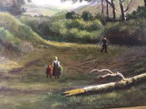 German School Vintage Hilly Landscape Oil Painting Signed By Artist H V Reugde Dated 1983 Subject: Hilly Scene, Dark Clouds With 3 Figures With Good Perspective Pleasing To The Eye Wood Frame Dimensions In Inches Height 16” Width 19.5”