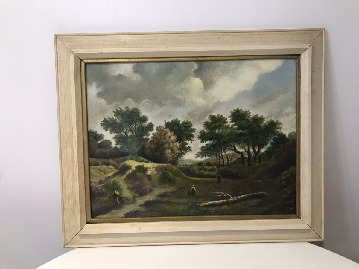 German School Vintage Hilly Landscape Oil Painting