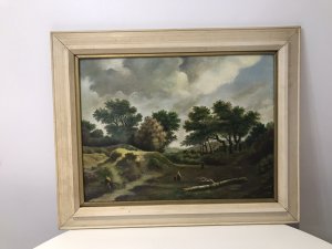 German School Vintage Hilly Landscape Oil Painting Signed By Artist H V Reugde Dated 1983 Subject: Hilly Scene, Dark Clouds With 3 Figures With Good Perspective Pleasing To The Eye Wood Frame Dimensions In Inches Height 16” Width 19.5”