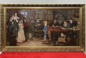 ‘When Did You Last See Your Father?’ Woolwork Tapestry Original By WF Yeames. Circa - 1930 Composition- Woolwork Tapestry Beautiful Hand Woven Wool Tapestry Of The Famous Painting By British Artist William Frederick Yeames (18th December 1835 - 3rd May 1918 ) Original Painting Dated 1878 Title When Did You Last See Your Father?. The Painting Currently Hanging In The Walker Art Gallery, Liverpool. Depicts The Son Of A Royalist Being Questioned By The Parliamentarians During The English Civil War. The Tapestry Is Woven In Different Widths Of Wool Yarn Revealing The Decorative English Manor House Surroundings With Fine Furniture And 11 Figures In Intricate Detail With A Wonderful Array Of Rich Colours. Set In A Glazed Gilt-wood Frame. Dimensions In Inches Height Width
