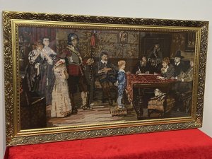 ‘When Did You Last See Your Father?’ Woolwork Tapestry Original By WF Yeames. Circa - 1930 Composition- Woolwork Tapestry Beautiful Hand Woven Wool Tapestry Of The Famous Painting By British Artist William Frederick Yeames (18th December 1835 - 3rd May 1918 ) Original Painting Dated 1878 Title When Did You Last See Your Father?. The Painting Currently Hanging In The Walker Art Gallery, Liverpool. Depicts The Son Of A Royalist Being Questioned By The Parliamentarians During The English Civil War. The Tapestry Is Woven In Different Widths Of Wool Yarn Revealing The Decorative English Manor House Surroundings With Fine Furniture And 11 Figures In Intricate Detail With A Wonderful Array Of Rich Colours. Set In A Glazed Gilt-wood Frame. Dimensions In Inches Height Width