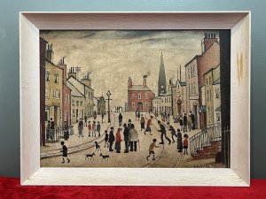 L S Lowry 'A Lancashire Village' Framed Ganymed Turnstile Print Circa - 1960 Composition - Printed Lithograph On Artists Board Brief Artist History Laurence Stephen Lowry 1887-1976 Born into a middle class family and raised in the leafy outskirts of Manchester. Lowrys famous for painting scenes of life in in industrial districts of the North West Of England, where he lived and worked for more than 40 years. He developed a distinctive style of Nieve painting and is best known for his urban landscapes with multiple figures referred to as "Matchstick men". Lowry was never a full time artist. In his early 20's he took a job as a rent collector, and this would be his primary trade for four decades. Although Lowry painted most days after work, Often late into the night, and firmly rejected the term 'Sunday Painter' Remarking 'I'm a Sunday painter that paints every day of the week!" Lowry never adopted a impressionist colour palette and claimed to use five colours vermillion, ivory black, Prussian blue, yellow ochre and flake white. A large collection of Lowrys artworks are on permanent display in 'The Lowry Art Gallery' Salford Quays, named in his honour. Listing Description 'When it comes to buying limited edition prints by L S Lowry (1887-1976) those produced by one publisher in particular stand above the rest for collectors. Londons Ganymed Press produced 16 signed edition lithographs during the 1960's and in small runs of around 75 drawings that Lowry made specifically for reproduction' Antiques Trade Gazette Original Lithograph of L S Lowry Titled 'A Lancashire Village' Showcasing A Vibrant Street View, Gazing Down A Meandering Road In Idylic Lancashire Village. The Central Focus Of Large Red Home With Smoking Chimney, Towered Over By Large Church Spire. The Busy Sidewalks With Many Matchstick Figures Going About Their Daily Business, With Various Houses Of All Shapes And Sizes. Wonderful Composition By Exceptional British Artist L S LOWRY. Lithograph Print By Ganymed Turnstile Printing Press London. Set In Original Painted Wood Frame With Printers Label Upon Reverse. Dimensions In Inches Height 17" X Width 22 1/4" For Further information Please Call 07707488566 Thank-you