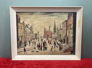 L S Lowry 'A Lancashire Village' Framed Ganymed Turnstile Print Circa - 1960 Composition - Printed Lithograph On Artists Board Brief Artist History Laurence Stephen Lowry 1887-1976 Born into a middle class family and raised in the leafy outskirts of Manchester. Lowrys famous for painting scenes of life in in industrial districts of the North West Of England, where he lived and worked for more than 40 years. He developed a distinctive style of Nieve painting and is best known for his urban landscapes with multiple figures referred to as "Matchstick men". Lowry was never a full time artist. In his early 20's he took a job as a rent collector, and this would be his primary trade for four decades. Although Lowry painted most days after work, Often late into the night, and firmly rejected the term 'Sunday Painter' Remarking 'I'm a Sunday painter that paints every day of the week!" Lowry never adopted a impressionist colour palette and claimed to use five colours vermillion, ivory black, Prussian blue, yellow ochre and flake white. A large collection of Lowrys artworks are on permanent display in 'The Lowry Art Gallery' Salford Quays, named in his honour. Listing Description 'When it comes to buying limited edition prints by L S Lowry (1887-1976) those produced by one publisher in particular stand above the rest for collectors. Londons Ganymed Press produced 16 signed edition lithographs during the 1960's and in small runs of around 75 drawings that Lowry made specifically for reproduction' Antiques Trade Gazette Original Lithograph of L S Lowry Titled 'A Lancashire Village' Showcasing A Vibrant Street View, Gazing Down A Meandering Road In Idylic Lancashire Village. The Central Focus Of Large Red Home With Smoking Chimney, Towered Over By Large Church Spire. The Busy Sidewalks With Many Matchstick Figures Going About Their Daily Business, With Various Houses Of All Shapes And Sizes. Wonderful Composition By Exceptional British Artist L S LOWRY. Lithograph Print By Ganymed Turnstile Printing Press London. Set In Original Painted Wood Frame With Printers Label Upon Reverse. Dimensions In Inches Height 17" X Width 22 1/4" For Further information Please Call 07707488566 Thank-you