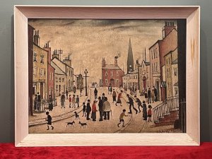 L S Lowry 'A Lancashire Village' Framed Ganymed Turnstile Print Circa - 1960 Composition - Printed Lithograph On Artists Board Brief Artist History Laurence Stephen Lowry 1887-1976 Born into a middle class family and raised in the leafy outskirts of Manchester. Lowrys famous for painting scenes of life in in industrial districts of the North West Of England, where he lived and worked for more than 40 years. He developed a distinctive style of Nieve painting and is best known for his urban landscapes with multiple figures referred to as "Matchstick men". Lowry was never a full time artist. In his early 20's he took a job as a rent collector, and this would be his primary trade for four decades. Although Lowry painted most days after work, Often late into the night, and firmly rejected the term 'Sunday Painter' Remarking 'I'm a Sunday painter that paints every day of the week!" Lowry never adopted a impressionist colour palette and claimed to use five colours vermillion, ivory black, Prussian blue, yellow ochre and flake white. A large collection of Lowrys artworks are on permanent display in 'The Lowry Art Gallery' Salford Quays, named in his honour. Listing Description 'When it comes to buying limited edition prints by L S Lowry (1887-1976) those produced by one publisher in particular stand above the rest for collectors. Londons Ganymed Press produced 16 signed edition lithographs during the 1960's and in small runs of around 75 drawings that Lowry made specifically for reproduction' Antiques Trade Gazette Original Lithograph of L S Lowry Titled 'A Lancashire Village' Showcasing A Vibrant Street View, Gazing Down A Meandering Road In Idylic Lancashire Village. The Central Focus Of Large Red Home With Smoking Chimney, Towered Over By Large Church Spire. The Busy Sidewalks With Many Matchstick Figures Going About Their Daily Business, With Various Houses Of All Shapes And Sizes. Wonderful Composition By Exceptional British Artist L S LOWRY. Lithograph Print By Ganymed Turnstile Printing Press London. Set In Original Painted Wood Frame With Printers Label Upon Reverse. Dimensions In Inches Height 17" X Width 22 1/4" For Further information Please Call 07707488566 Thank-you