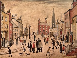L S Lowry 'A Lancashire Village' Framed Ganymed Turnstile Print Circa - 1960 Composition - Printed Lithograph On Artists Board Brief Artist History Laurence Stephen Lowry 1887-1976 Born into a middle class family and raised in the leafy outskirts of Manchester. Lowrys famous for painting scenes of life in in industrial districts of the North West Of England, where he lived and worked for more than 40 years. He developed a distinctive style of Nieve painting and is best known for his urban landscapes with multiple figures referred to as "Matchstick men". Lowry was never a full time artist. In his early 20's he took a job as a rent collector, and this would be his primary trade for four decades. Although Lowry painted most days after work, Often late into the night, and firmly rejected the term 'Sunday Painter' Remarking 'I'm a Sunday painter that paints every day of the week!" Lowry never adopted a impressionist colour palette and claimed to use five colours vermillion, ivory black, Prussian blue, yellow ochre and flake white. A large collection of Lowrys artworks are on permanent display in 'The Lowry Art Gallery' Salford Quays, named in his honour. Listing Description 'When it comes to buying limited edition prints by L S Lowry (1887-1976) those produced by one publisher in particular stand above the rest for collectors. Londons Ganymed Press produced 16 signed edition lithographs during the 1960's and in small runs of around 75 drawings that Lowry made specifically for reproduction' Antiques Trade Gazette Original Lithograph of L S Lowry Titled 'A Lancashire Village' Showcasing A Vibrant Street View, Gazing Down A Meandering Road In Idylic Lancashire Village. The Central Focus Of Large Red Home With Smoking Chimney, Towered Over By Large Church Spire. The Busy Sidewalks With Many Matchstick Figures Going About Their Daily Business, With Various Houses Of All Shapes And Sizes. Wonderful Composition By Exceptional British Artist L S LOWRY. Lithograph Print By Ganymed Turnstile Printing Press London. Set In Original Painted Wood Frame With Printers Label Upon Reverse. Dimensions In Inches Height 17" X Width 22 1/4" For Further information Please Call 07707488566 Thank-you