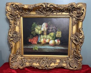 Large Fine Art Ripe Fruits Still Life Oil Painting After Esteban Murillo Circa - 1980 Composition - Oil On Canvas Listing Description Large Fine Art Still Life Oil Painting On Canvas, In The Manner Of Spanish Baroque Artist, Esteban Murillo (1618-1682). Central Of The Artwork Stands A Opulent Gold Fruit Bowl On Stand, Laden With Ripe Peaches, Plumes Of Various Varieties Of Grapes With Leafy Vine Sprays And Melon Set Upon Marble Tabletop. Impressive Use Of Light And Shadow With Vibrant Colour Pallet. Painted By Accomplished Hand And Set Inside Heavy Ornate Gilt Gesso Frame. Dimension In Inches Height 32.5" X Width 36" For Any Further Information Please Call The Curator On 07707 488 566 Thank-you.