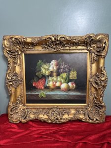 Large Fine Art Ripe Fruits Still Life Oil Painting After Esteban Murillo Circa - 1980 Composition - Oil On Canvas Listing Description Large Fine Art Still Life Oil Painting On Canvas, In The Manner Of Spanish Baroque Artist, Esteban Murillo (1618-1682). Central Of The Artwork Stands A Opulent Gold Fruit Bowl On Stand, Laden With Ripe Peaches, Plumes Of Various Varieties Of Grapes With Leafy Vine Sprays And Melon Set Upon Marble Tabletop. Impressive Use Of Light And Shadow With Vibrant Colour Pallet. Painted By Accomplished Hand And Set Inside Heavy Ornate Gilt Gesso Frame. Dimension In Inches Height 32.5" X Width 36" For Any Further Information Please Call The Curator On 07707 488 566 Thank-you.