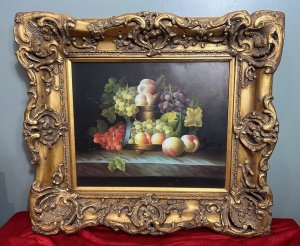 Large Fine Art Ripe Fruits Still Life Oil Painting After Esteban Murillo Circa - 1980 Composition - Oil On Canvas Listing Description Large Fine Art Still Life Oil Painting On Canvas, In The Manner Of Spanish Baroque Artist, Esteban Murillo (1618-1682). Central Of The Artwork Stands A Opulent Gold Fruit Bowl On Stand, Laden With Ripe Peaches, Plumes Of Various Varieties Of Grapes With Leafy Vine Sprays And Melon Set Upon Marble Tabletop. Impressive Use Of Light And Shadow With Vibrant Colour Pallet. Painted By Accomplished Hand And Set Inside Heavy Ornate Gilt Gesso Frame. Dimension In Inches Height 32.5" X Width 36" For Any Further Information Please Call The Curator On 07707 488 566 Thank-you.
