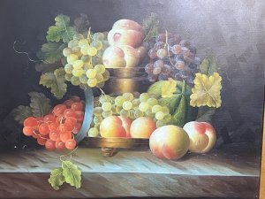 Large Fine Art Ripe Fruits Still Life Oil Painting After Esteban Murillo Circa - 1980 Composition - Oil On Canvas Listing Description Large Fine Art Still Life Oil Painting On Canvas, In The Manner Of Spanish Baroque Artist, Esteban Murillo (1618-1682). Central Of The Artwork Stands A Opulent Gold Fruit Bowl On Stand, Laden With Ripe Peaches, Plumes Of Various Varieties Of Grapes With Leafy Vine Sprays And Melon Set Upon Marble Tabletop. Impressive Use Of Light And Shadow With Vibrant Colour Pallet. Painted By Accomplished Hand And Set Inside Heavy Ornate Gilt Gesso Frame. Dimension In Inches Height 32.5" X Width 36" For Any Further Information Please Call The Curator On 07707 488 566 Thank-you.