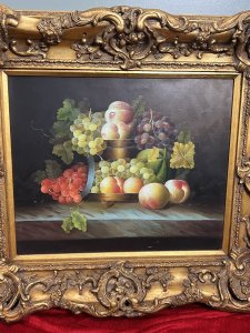 Large Fine Art Ripe Fruits Still Life Oil Painting After Esteban Murillo Circa - 1980 Composition - Oil On Canvas Listing Description Large Fine Art Still Life Oil Painting On Canvas, In The Manner Of Spanish Baroque Artist, Esteban Murillo (1618-1682). Central Of The Artwork Stands A Opulent Gold Fruit Bowl On Stand, Laden With Ripe Peaches, Plumes Of Various Varieties Of Grapes With Leafy Vine Sprays And Melon Set Upon Marble Tabletop. Impressive Use Of Light And Shadow With Vibrant Colour Pallet. Painted By Accomplished Hand And Set Inside Heavy Ornate Gilt Gesso Frame. Dimension In Inches Height 32.5" X Width 36" For Any Further Information Please Call The Curator On 07707 488 566 Thank-you.