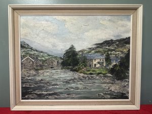 20th Century Fine Art Barbara Butcher 'The River Beddgelert' Oil Painting Circa -20th Century Composition - Oil On Canvas Listing Description Fine Quality Oil Painting By Known Artist Barbara Butcher Showcasing Picturesque Riverbank Scene Titled 'The River Beddgelert' This Refers To The Confluence Of Both Afon Glaslyn Which Flows Through The Village Of Beddgelert, And Is Joined By Afon Colony At This Point Shown In The Painting. Exceptionally Skilled Painting Of Welsh Village, Detailed Stone Houses And Rock Filled River Gorge. A Must Have For Art Lover Of Welsh Heritage Scenes. Dimensions in Cms Height 53.5cm X Width 66cm For Further Information Please Call Our Museum Curator On 07707 488566 Thank-you.