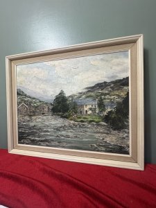 20th Century Fine Art Barbara Butcher 'The River Beddgelert' Oil Painting Circa -20th Century Composition - Oil On Canvas Listing Description Fine Quality Oil Painting By Known Artist Barbara Butcher Showcasing Picturesque Riverbank Scene Titled 'The River Beddgelert' This Refers To The Confluence Of Both Afon Glaslyn Which Flows Through The Village Of Beddgelert, And Is Joined By Afon Colony At This Point Shown In The Painting. Exceptionally Skilled Painting Of Welsh Village, Detailed Stone Houses And Rock Filled River Gorge. A Must Have For Art Lover Of Welsh Heritage Scenes. Dimensions in Cms Height 53.5cm X Width 66cm For Further Information Please Call Our Museum Curator On 07707 488566 Thank-you.
