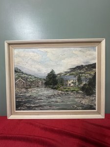 20th Century Fine Art Barbara Butcher 'The River Beddgelert' Oil Painting Circa -20th Century Composition - Oil On Canvas Listing Description Fine Quality Oil Painting By Known Artist Barbara Butcher Showcasing Picturesque Riverbank Scene Titled 'The River Beddgelert' This Refers To The Confluence Of Both Afon Glaslyn Which Flows Through The Village Of Beddgelert, And Is Joined By Afon Colony At This Point Shown In The Painting. Exceptionally Skilled Painting Of Welsh Village, Detailed Stone Houses And Rock Filled River Gorge. A Must Have For Art Lover Of Welsh Heritage Scenes. Dimensions in Cms Height 53.5cm X Width 66cm For Further Information Please Call Our Museum Curator On 07707 488566 Thank-you.
