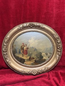 19th Century Scottish Highlands Landscape Painting With Couple And Terrier. Circa - 19th Century Composition - Oil On Board Listing Description Romantic Scottish School Gaelic Landscape Scene Depicting A Couple Walking Down A Mountain Pathway. The Lady Carrying Bagpipes, A Gentleman Wearing Kilt Follows Closely. A Scruffy Terrier Dog Taking Lead Holding A Hat In His Mouth. Finely Detailed Figures And Landscape With Beautiful Eas (Waterfall) In Backdrop. Signed )Right Side) Set In Oval Gilt Wood Frame. Dimensions In Cms Height x Width