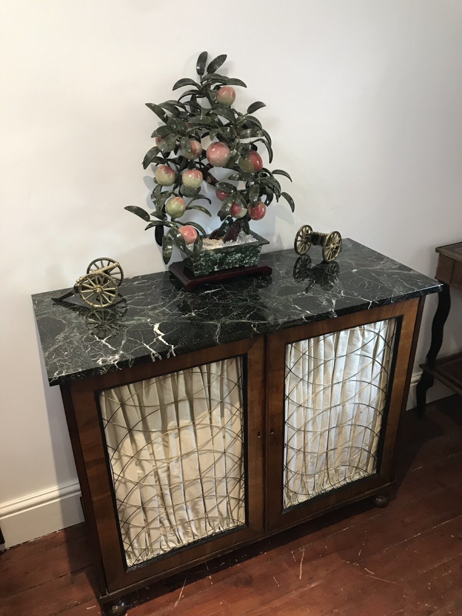 Fine Period Regency Two Door Dwarf Bookcase With Brass Wire Door Grills