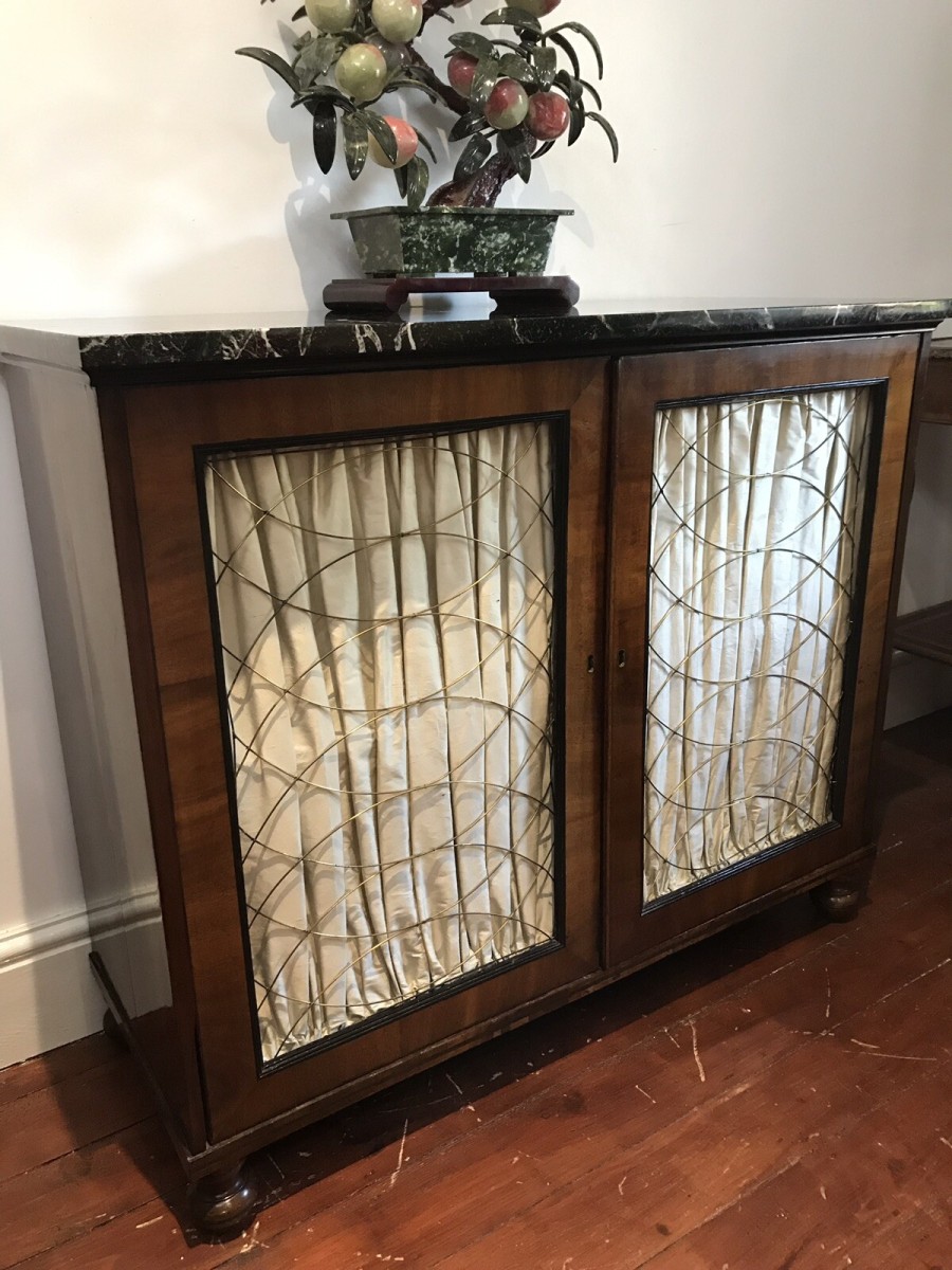Fine Period Regency Two Door Dwarf Bookcase With Brass Wire Door Grills