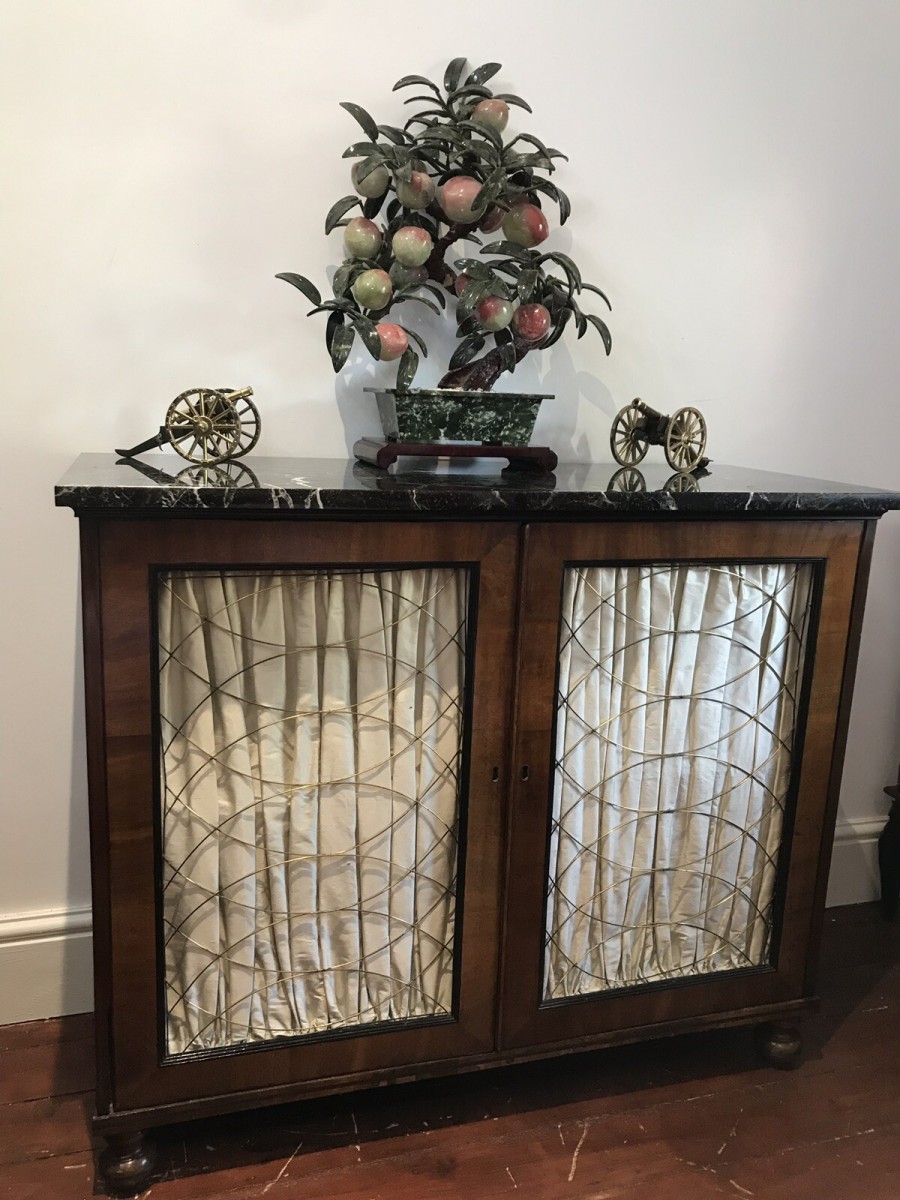 Fine Period Regency Two Door Dwarf Bookcase With Brass Wire Door Grills