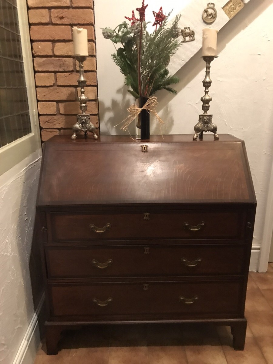Period Antique 18th Century Solid Oak & Mahogany Cross Banded Writing Bureaux