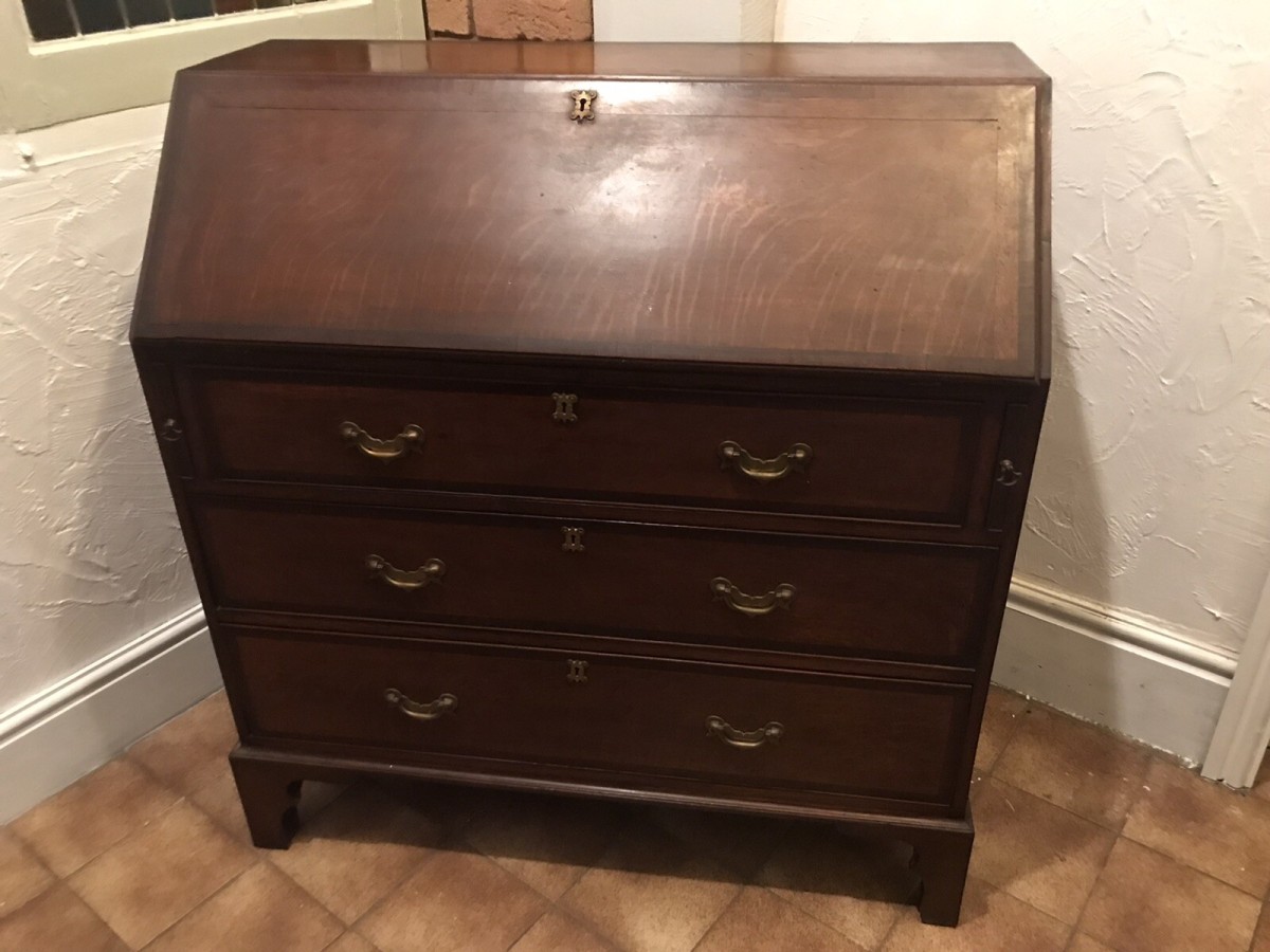 Period Antique 18th Century Solid Oak & Mahogany Cross Banded Writing Bureaux