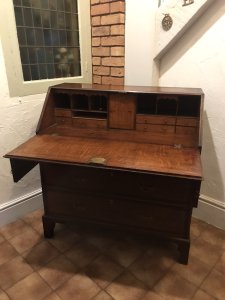 Period Antique 18th Century Solid Oak Writing Bureaux Circa- 1780 Solid Oak Bureau With Tall Bracket Feet And Mahogany Cross Banding Stunning Oak Grain With A Rich Colouration Open Down Top With Pull Out Stretcher Supports Inside Are Pigeon Holes, Drawers And A Decorative Inlaid Centre Dior With Lock Dovetailed Oak Drawers With Brass Handles Dimensions In Inches Height 41 3/4” Width 39” Depth 19.5”