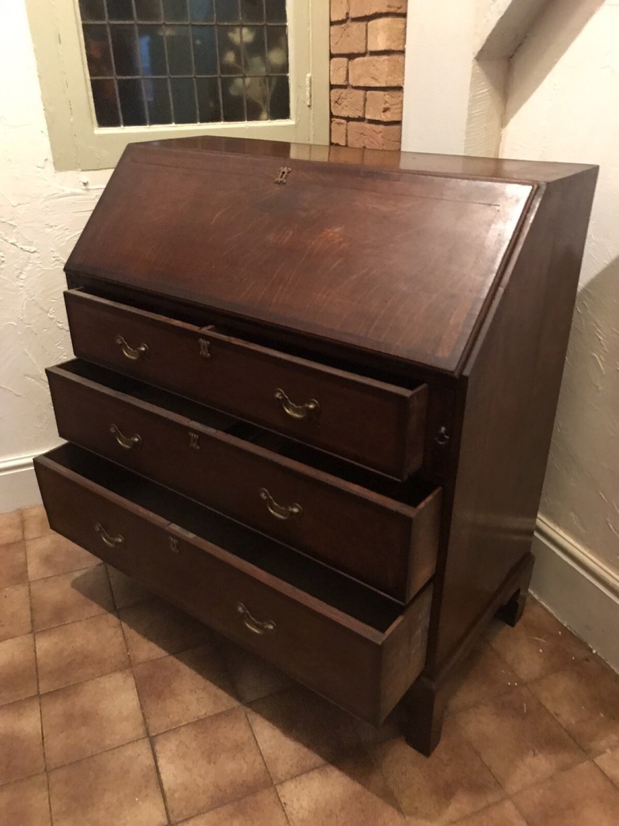 Period Antique 18th Century Solid Oak & Mahogany Cross Banded Writing Bureaux