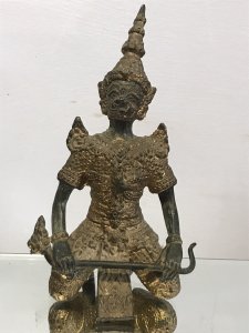 Exceptional 19th Century Gilt Bronze Meditation Pose Buddha In Fine Detail Buddha Bronze With Detailed Facial Features With Intricate Pattern And Floral Motifs Over The Gilt Clothing. Tall Hat And And Shaped Shoulders Buddha Holds A Crop In Lovely Unusual Kneeling Meditation Pose Original Condition With Lovely Patina Origin- India Provenance Purchased From USA Collection Dimensions In Inches Height 7” Width 3 3/4” Weight Approx 1Kg