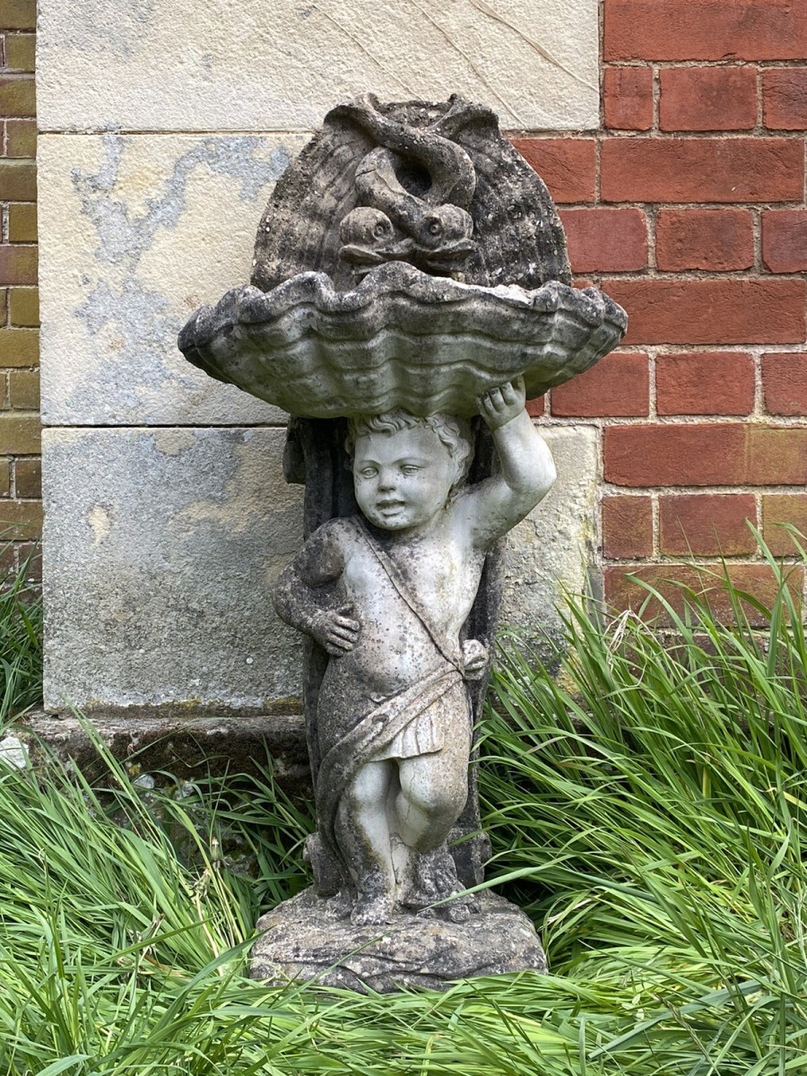 Primary image for Classical Cherub Holding Scallop Shell Basin With Dolphins Bird Bath