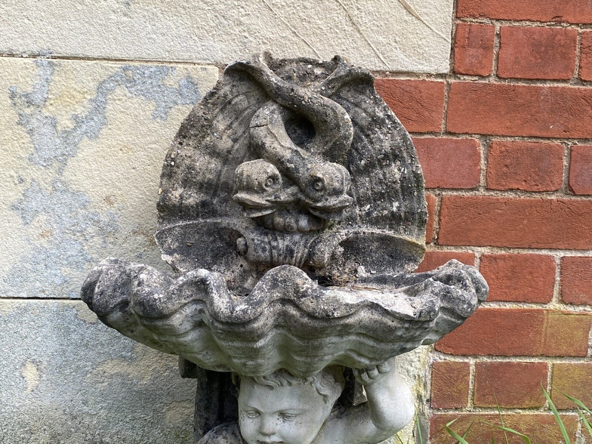 Classical Cherub Holding Scallop Shell Basin With Dolphins Bird Bath