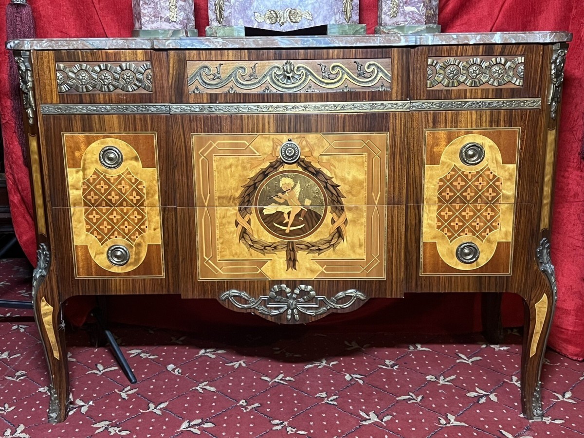French Régency Ormolu/marquetry Inlaid Breakfront Marble Top Commode