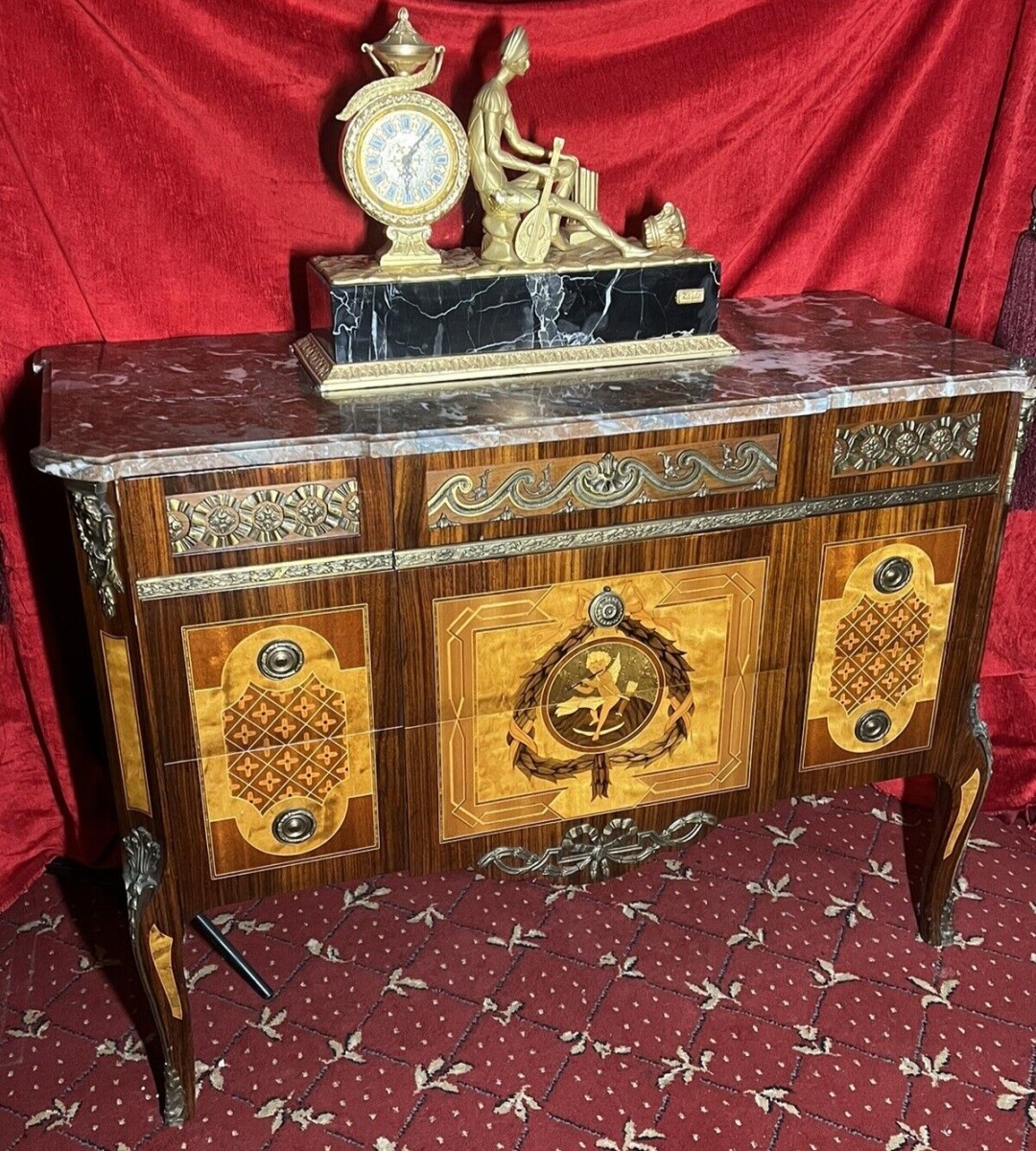 French Régency Ormolu/marquetry Inlaid Breakfront Marble Top Commode