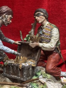 Large Italian Capodimonte Porcelain Figurine 'The Pirates Hidden Treasure' Signed By Artist Circa - 1940 Composition - Hard Paste Porcelain Listing Description Highly Renowned Capodimonte Collectable Showpiece. This Rare Subject Is An Exceptional Capodimonte Specimen. The Fine Quality Evident From The Realism Captured In The Finer Details Including; Faces, Hands, Fabric Movement In Clothes As Well And The Surrounding Flora And Fauna, Just To Name A Few. The Figure Depicts Two Pirates During Their Moment Of Discovery Opening A Large Wooden Treasure Chest, Cascading With Gold, Pearls And Precious Stones. One Of The Pirates Has A Metal Claw As A Hand, Exactly As You Would Expect Of A Pirate! The Treasure Map And Pick Axe A Foot Whilst They Glaze At The Prize. Signed By Artist. True Capodimonte Collectors Figurine. Dimensions In Cms Height 22cm X Width 29cm X 24 Depth For Further Information Please Enquire Direct On 07707 488566 Thank-you