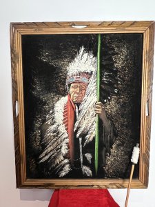 Mesmerising Collection Of Native American ' Big Chief Sitting Bull' Memorabilia Circa - Vintage Composition - Mixed Materials *Head Dress - Calf Skin, Axe Figure - Resin, Bow & Arrows - Wood Mixed Media, Tipi - Wood & Resin Figures, Paintin - Velvet Canvas Wood Frame.* Listing Description Thought Provoking Collection Of Native American Big Chief Sitting Bull Memorabilia. Six Piece Set Includes Warbonnet Head Dress In Calf Skin With Decorative Beaded Edge, Animal Pelts And Large Plumes Of Feathers. Indian Chief Painting On Velvet Set In Ornate Carved Wood Frame. A Decorative String Bow With Carved Wood Chief Handle And String Line, Matching Decorated Cylindrical Holster With Wood Arrows (Bow And Arrows For Decoration Only). An Interesting Wooden Tipi Sculpture With Internal Sitting Chief And Squaw With Holster Of Arrows, A Charming Peeping Hole In The Back Of Tipi Gives it Great Interest. Large Native Indian Figure With Axe In Tradition Native Clothing. * Native Indian With Bow Figurine not Included With Set * Wonderful Set For Collector Of Tribal Memorabilia Or Use As Props. Provenance Purchased From Avid Collector Of Chief Sitting Bull Memorabilia, And Now Part Of Private Lord Hill Museum Collectoion. Dimensions in Inches Painting Height 22 3/4 X Width 18 3/4 Tipi Height Height 13 1\4 X Width 10.5" X Depth 5 1/4 Axe Figure Height 24" X Width 12" X Depth 14" Bow Height 53" X Width 8" X Depth 2" Arrows Height 26" X Width 8" x Depth 2" Warbonnet Head Dress Height 31" X Width 23" X Depth 16"