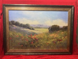 Large Poppies With A View By Artist Alice Weil Framed Print Circa - 20th Century Composition - Lithograph Print On Vellum Listing Description Alice Hansen Weil Born 1950 In San Francisco, California Inspired From A Very Early Age Of 2 Years, After A Move To The Rural Hills Of Redwood City With Her Family, By Her Close Friend Pierre Signa A Plein Air Painter. Large Stunning Print Set In Glazed Frame Depicting Wonderful Green Meadow View, Littered With Vibrant Poppies Against Majestic Mountain Backdrop. Dimensions In Inches Height 29 3/4” X Width 41 3/4”
