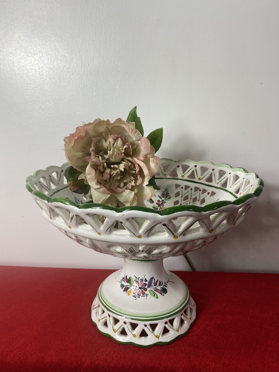 Primary image for Vintage Large Romantic Lattice Fruit Bowl On Stand By Portuguese Makers Rc & Cl