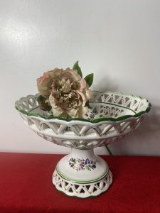 Vintage Large Romantic Lattice Fruit Bowl On Stand By Portuguese Makers RC & CL. Composition- Glazed Earthenware Condition- Lovely Used (No Damage) Large Circular Fruit Comport Bowl On Circular Plinth Base. Scalloped Top Edge Decorated With Lattice Cut Work And Hand Painted Romantic Style Summer Flower Foliage Sprays In Pink, Blue, Green And Yellow. Lovely Summer Fruit Bowl For Decoration And Tableware Use. Stamped By RC & CL Portugal Makers On The Base. Dimensions In Inches Height 8 3/4” Bowl 12” Diameter Base Diameter 6.5”
