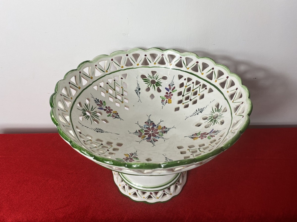 Vintage Large Romantic Lattice Fruit Bowl On Stand By Portuguese Makers Rc & Cl