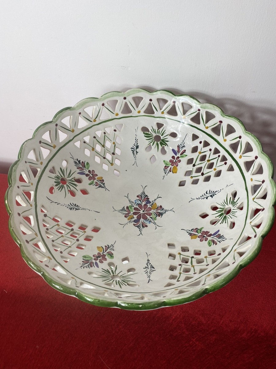 Vintage Large Romantic Lattice Fruit Bowl On Stand By Portuguese Makers Rc & Cl