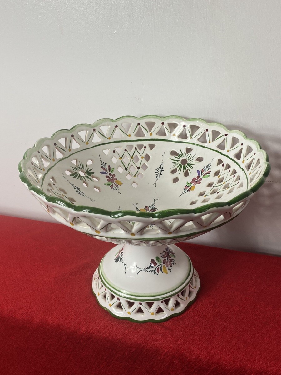 Vintage Large Romantic Lattice Fruit Bowl On Stand By Portuguese Makers Rc & Cl