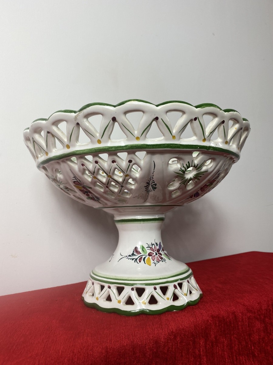 Vintage Large Romantic Lattice Fruit Bowl On Stand By Portuguese Makers Rc & Cl