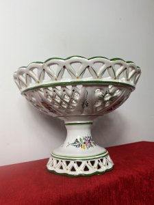 Vintage Large Romantic Lattice Fruit Bowl On Stand By Portuguese Makers RC & CL. Composition- Glazed Earthenware Condition- Lovely Used (No Damage) Large Circular Fruit Comport Bowl On Circular Plinth Base. Scalloped Top Edge Decorated With Lattice Cut Work And Hand Painted Romantic Style Summer Flower Foliage Sprays In Pink, Blue, Green And Yellow. Lovely Summer Fruit Bowl For Decoration And Tableware Use. Stamped By RC & CL Portugal Makers On The Base. Dimensions In Inches Height 8 3/4” Bowl 12” Diameter Base Diameter 6.5”
