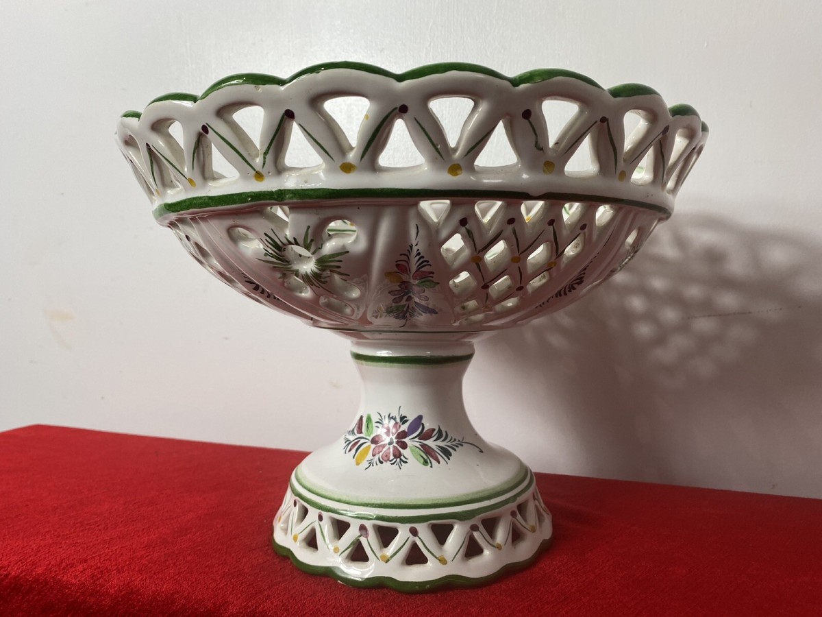 Vintage Large Romantic Lattice Fruit Bowl On Stand By Portuguese Makers Rc & Cl