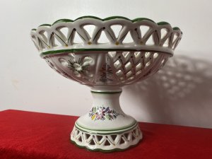 Vintage Large Romantic Lattice Fruit Bowl On Stand By Portuguese Makers RC & CL. Composition- Glazed Earthenware Condition- Lovely Used (No Damage) Large Circular Fruit Comport Bowl On Circular Plinth Base. Scalloped Top Edge Decorated With Lattice Cut Work And Hand Painted Romantic Style Summer Flower Foliage Sprays In Pink, Blue, Green And Yellow. Lovely Summer Fruit Bowl For Decoration And Tableware Use. Stamped By RC & CL Portugal Makers On The Base. Dimensions In Inches Height 8 3/4” Bowl 12” Diameter Base Diameter 6.5”