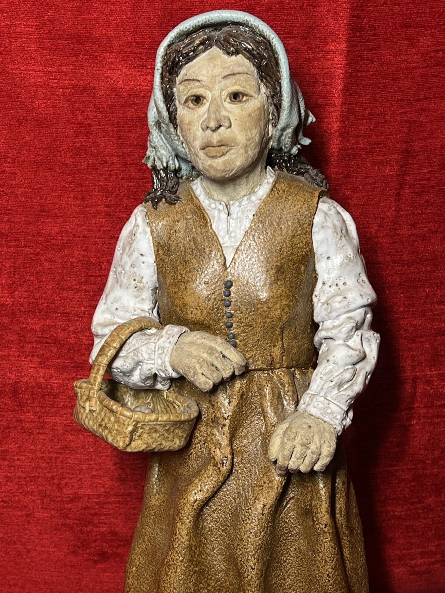 Charming Studio Pottery Figurine 'lady With Egg Basket' Sculpture