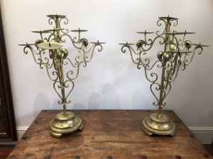 Vintage Fabulous Pair Of Liberace Style Brass 3 Branch Candelabras. 3 Branch With 7 Candle Holders With Pins To Secure The Candles Wooden Plinth Base Ideal For Wedding Celebrations, Party’s or Elaborate Dining Area Dimensions In Inches Height 28.5” Width 22.5” Base Width 9”