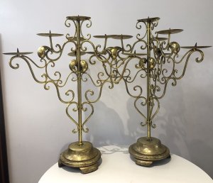 Vintage Fabulous Pair Of Liberace Style Brass 3 Branch Candelabras. 3 Branch With 7 Candle Holders With Pins To Secure The Candles Wooden Plinth Base Ideal For Wedding Celebrations, Party’s or Elaborate Dining Area Dimensions In Inches Height 28.5” Width 22.5” Base Width 9”