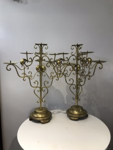 Vintage Fabulous Pair Of Liberace Style Brass 3 Branch Candelabras. 3 Branch With 7 Candle Holders With Pins To Secure The Candles Wooden Plinth Base Ideal For Wedding Celebrations, Party’s or Elaborate Dining Area Dimensions In Inches Height 28.5” Width 22.5” Base Width 9”