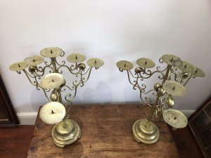 Vintage Fabulous Pair Of Liberace Style Brass 3 Branch Candelabras. 3 Branch With 7 Candle Holders With Pins To Secure The Candles Wooden Plinth Base Ideal For Wedding Celebrations, Party’s or Elaborate Dining Area Dimensions In Inches Height 28.5” Width 22.5” Base Width 9”