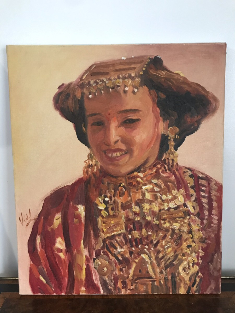 Primary image for Vintage Original Impressionist Kazakstan Lady Oil On Canvas Signed Vidal